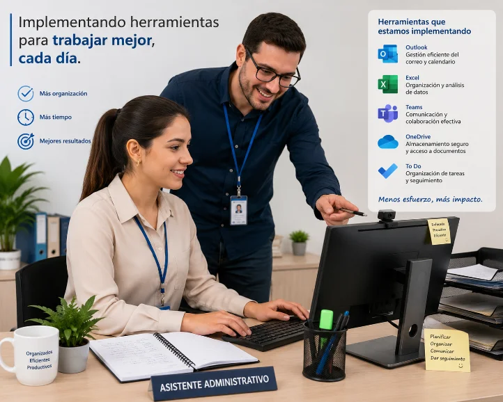 Escritorio de oficina ordenado con una asistente administrativa trabajando