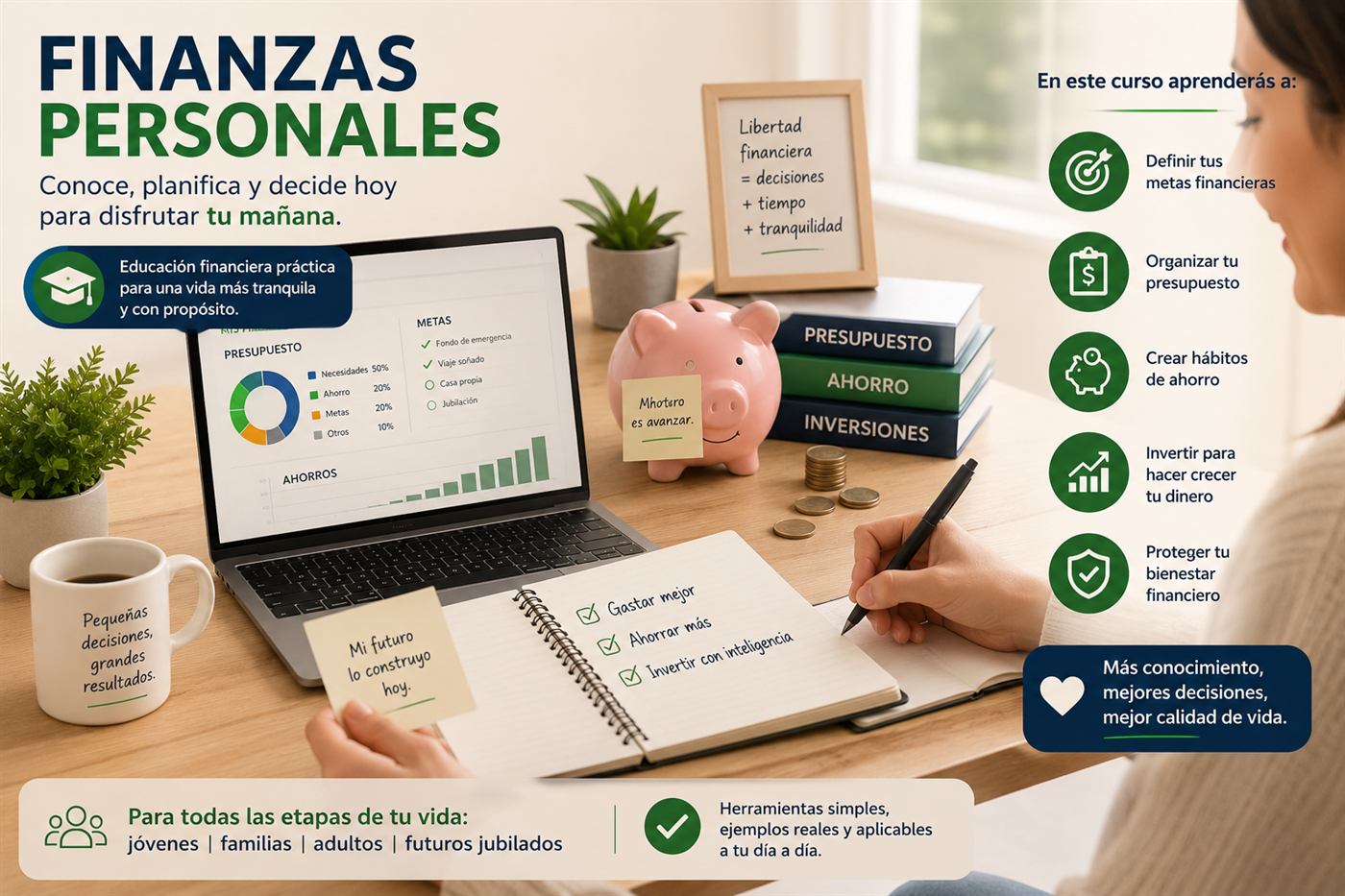 Persona revisando sus finanzas personales y presupuesto en un escritorio